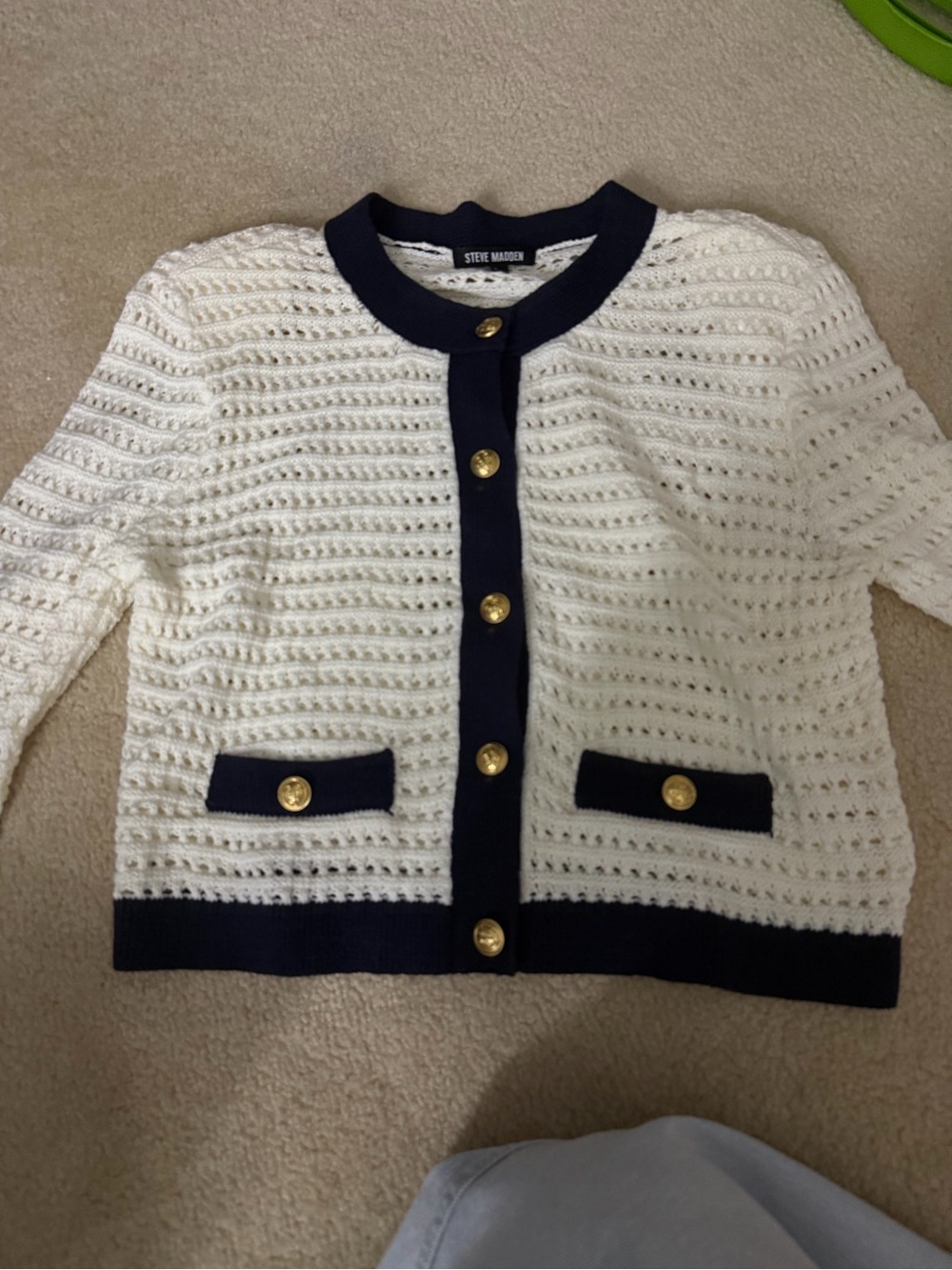 Steve Madden Cream Knit Cardigan with Navy Trim